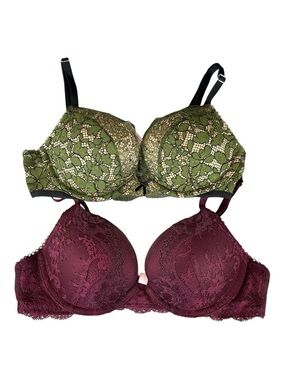 Lot of 2 Victoria's Secret Dream Angels Push-Up Bras 32B Lace Burgundy Green